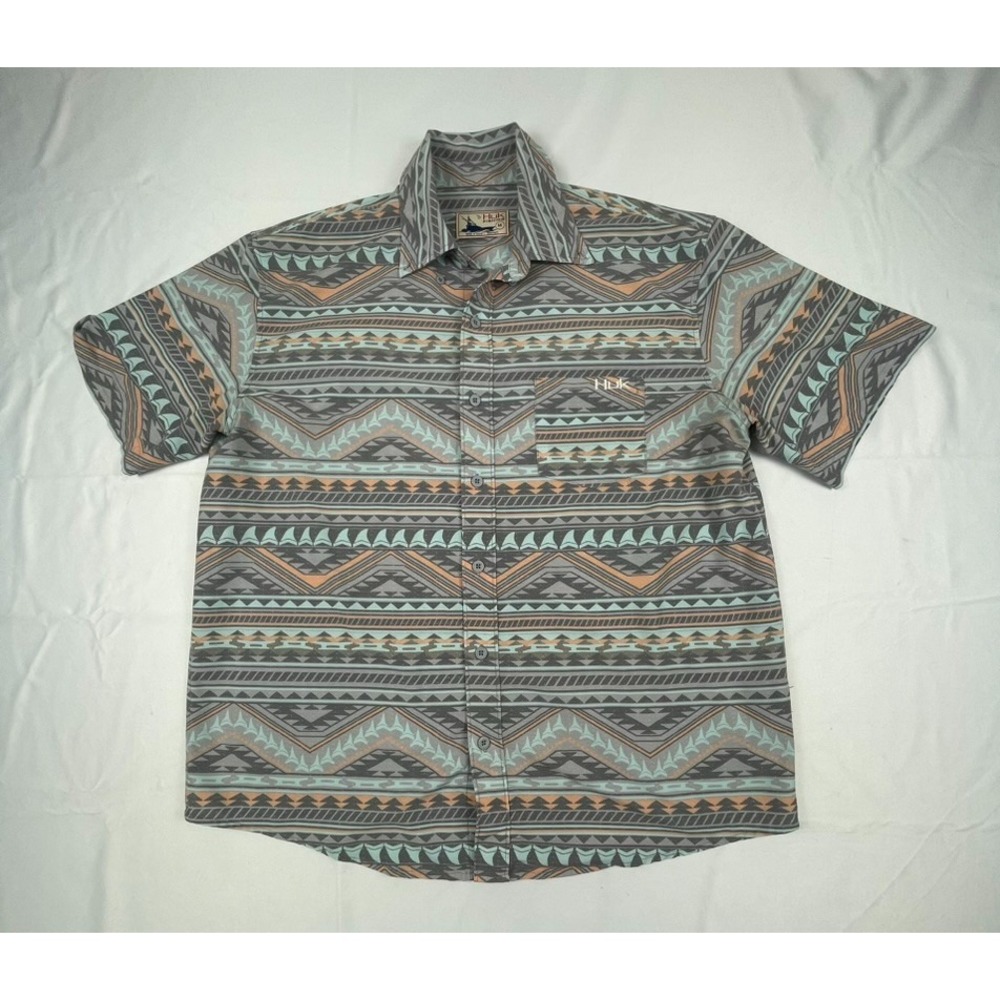 HUK FISHING MENS MEDIUM BUTTON FRONT SHIRT GRAY AZTEC PERFORMANCE STRETCH